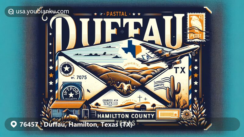 Vintage-style illustration of Duffau, Hamilton County, Texas, with airmail envelope showcasing ZIP code 76457, featuring Texas state flag, cowboy hat, and longhorn cattle.