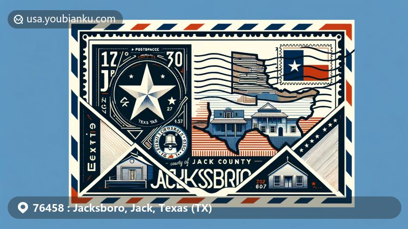 Modern illustration of Jacksboro, Jack County, Texas, showcasing postal theme with ZIP code, Texas state flag, and landmark in a postcard design.