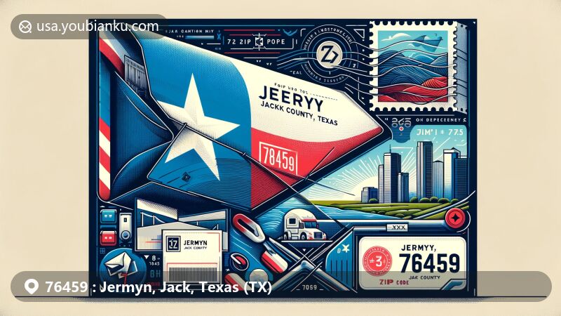 Modern illustration of Jermyn, Jack County, Texas, resembling an airmail envelope with Texas state flag backdrop, featuring county map outline and custom postage stamp of Jermyn's landmark, showcasing ZIP code 76459 in stylish font.
