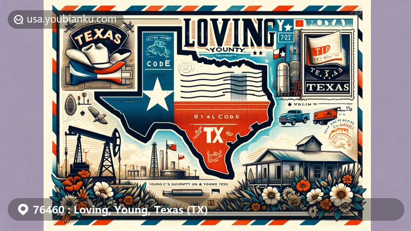 Modern illustration of Loving County and Young County, Texas, showcasing air mail envelope design with Texas flag, county outlines, cowboy hat, oil rig, wildflowers, vintage postage stamp, ZIP Code theme, postmark, and classic mailbox.