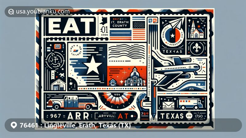 Modern illustration of Lingleville, Erath County, Texas, integrating regional characteristics with postal elements, showcasing Texas state flag, Erath County's shape, and notable landmarks or cultural symbols.