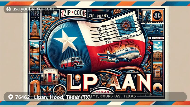 Modern illustration of Lipan, Hood County, Texas, featuring a vintage airmail envelope with Texas state flag, Hood County outline, and postal elements.
