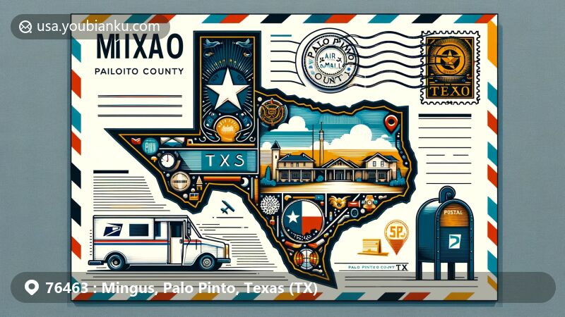 Modern illustration of Mingus, Palo Pinto County, Texas, showcasing postal theme with elements like postage stamp, postmark, mailbox, and postal truck, incorporating state flag and local landmarks.