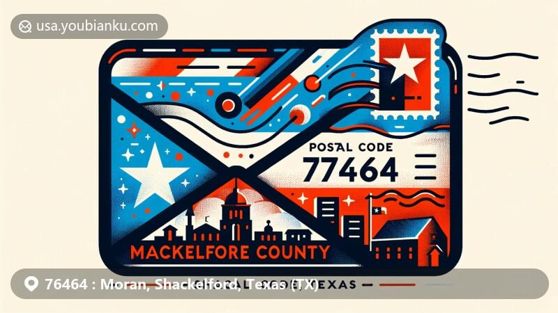 Vibrant illustration of Moran, Shackelford County, Texas, showcasing postal theme with ZIP code 76464, featuring Texas state flag, Shackelford County silhouette, and cultural symbols of Moran.