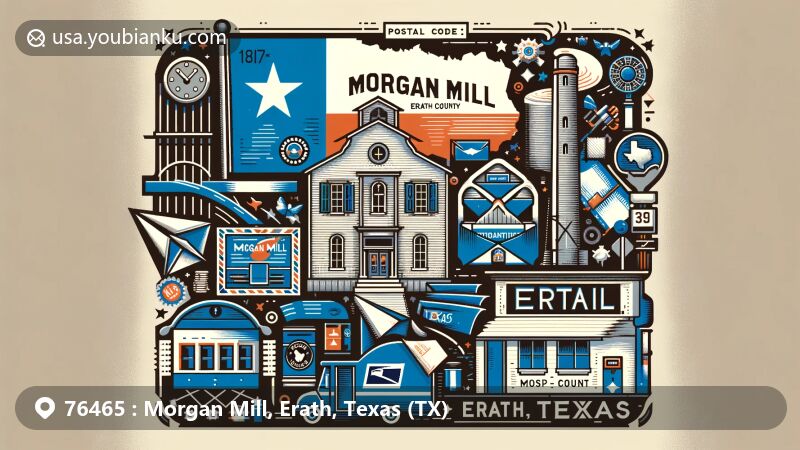 Modern illustration of Morgan Mill, Erath County, Texas, with Texas state flag, county outline, and local landmarks, depicting postal theme with airmail elements, mailbox, and postal vehicle.