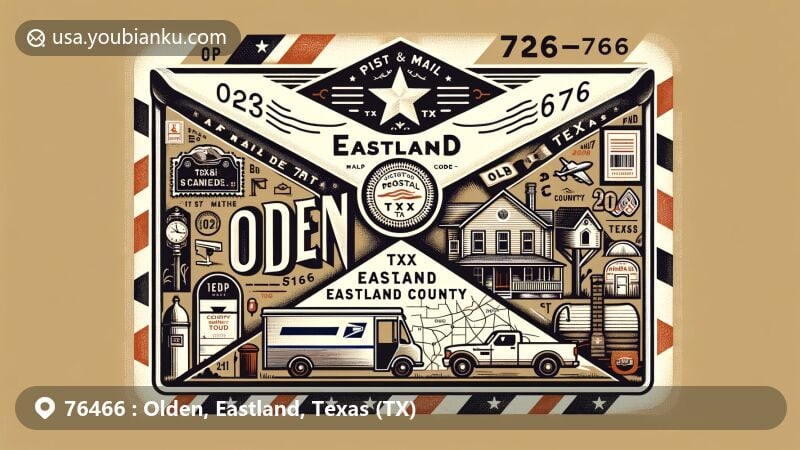 Modern illustration of Olden, Eastland, Texas, highlighting ZIP code 76466 with vintage air mail envelope, postage stamp, postmark, mailbox, and mail truck. Includes Texas state flag and Eastland County elements like map outline and local landmarks.