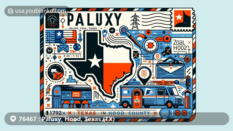 Modern illustration of Paluxy, Hood County, Texas, featuring vibrant postcard design with Texas state flag, Hood County map outline, postal elements, and ZIP Code, in a positive and creative theme.