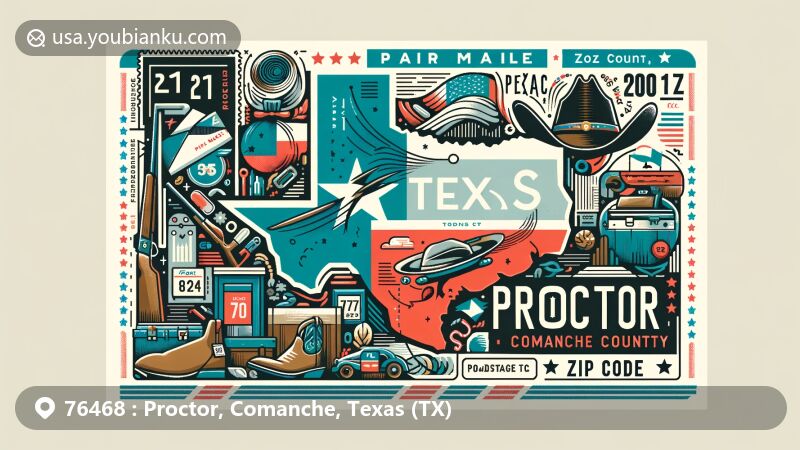 Modern illustration of Proctor, Comanche County, Texas, resembling an air mail envelope with Texas state flag, Comanche County outline, cowboy hats, boots, postal stamp, postmark, and 'ZIP Code' detail, blending Texan culture with postal theme.