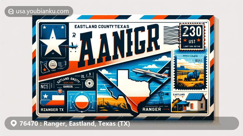 Modern illustration of Ranger, Eastland County, Texas, featuring vintage airmail envelope with state symbols, Eastland County map, and local cultural elements.