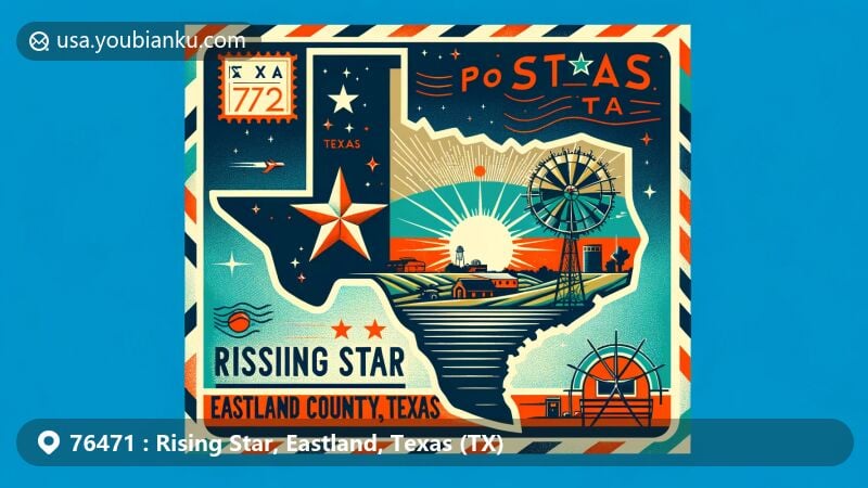Modern illustration of Rising Star, Eastland County, Texas, showcasing postal theme with ZIP code, featuring Texas state flag and iconic symbols of the region.