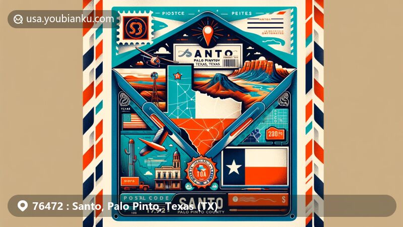 Modern illustration of Santo, Palo Pinto County, Texas, featuring a vibrant airmail envelope with postal theme, including a map outline of Palo Pinto County and a depiction of a notable landmark from Santo. Incorporates elements of Texas state flag and ZIP code for Santo, Texas.