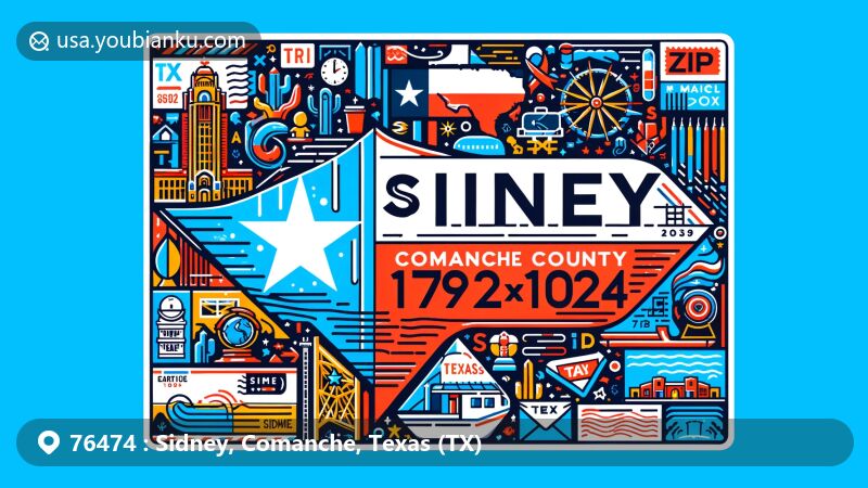 Modern illustration of Sidney, Comanche County, Texas, inspired by airmail envelope theme, with Texas state flag, Comanche County outline, Sidney landmarks, and postal elements like stamp, postmark, and 'ZIP Code'.