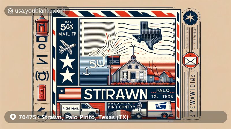 Modern illustration of Strawn, Palo Pinto County, Texas, showcasing postal theme with Texas state flag, Palo Pinto County outline, and local landmark, featuring postal elements like stamp, postmark, ZIP Code, mailbox, and mail truck.