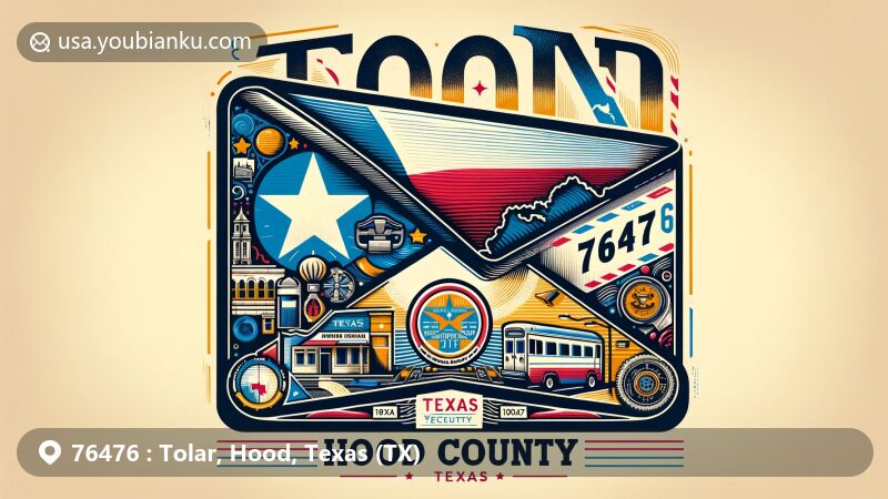 Modern illustration of Tolar area, Hood County, Texas (TX), featuring vintage airmail envelope with ZIP code 76476, Texas state flag, Hood County map outline, and local Tolar symbols.