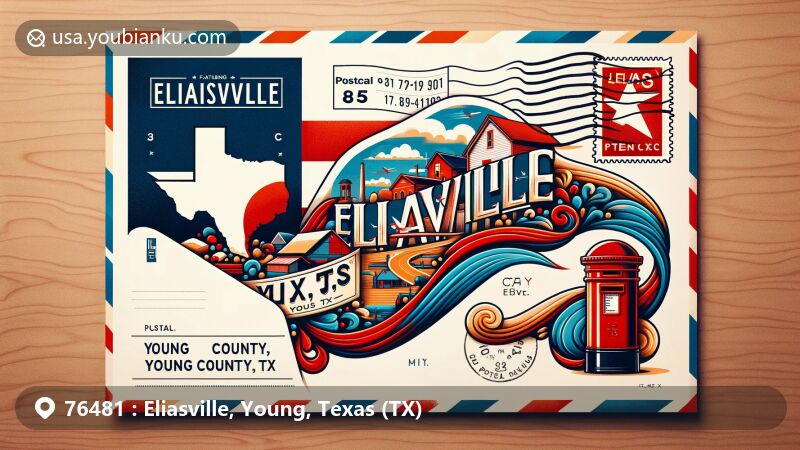 Modern illustration of Eliasville, Young County, Texas, featuring a creative postcard with vintage air mail envelope, showcasing the locality's main cultural element, Texas state flag, Young County outline, and postal elements.