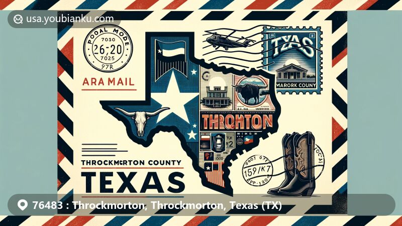 Modern illustration of Throckmorton County, Texas, with air mail envelope design, featuring map outline of the county overlaid with Texas state flag, iconic cowboy elements, and vintage postage stamp with ZIP code.