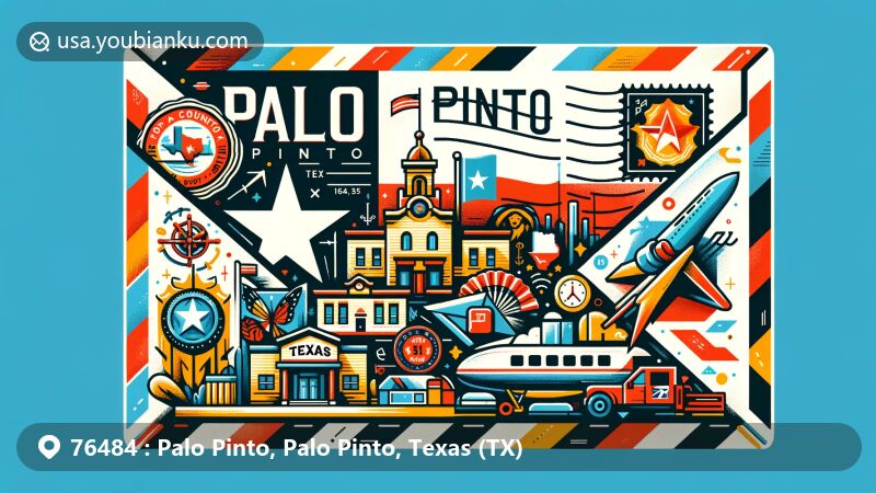 Modern illustration of Palo Pinto County, Texas (TX), showcasing postal theme with state flag, county outline, landmarks, and postal elements on a postcard or airmail envelope shape.