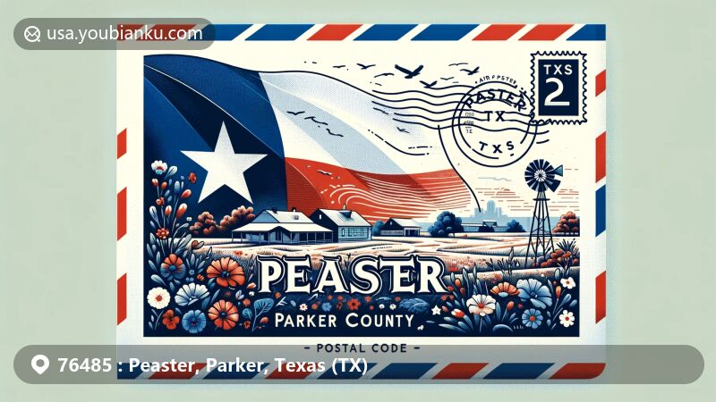 Modern illustration of Peaster, Parker County, Texas, depicting a creative airmail envelope with Texas state flag, Parker County map, rural landscape, vintage postage elements, and ZIP Code, avoiding negative stereotypes.