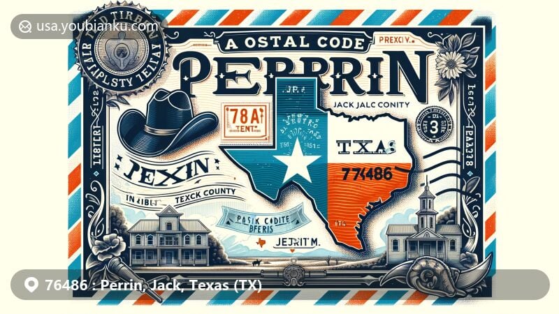 Vintage-style illustration of Perrin, Jack County, Texas, with airmail envelope featuring Texas state flag stamp, cowboy hat, longhorn silhouette, and postal mark 'Perrin, TX 76486'.