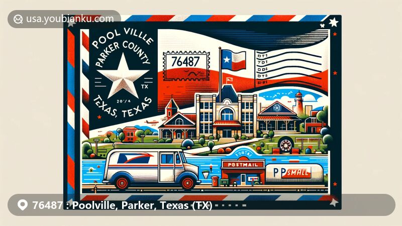 Modern illustration of Poolville, Parker County, Texas, resembling an airmail envelope, featuring state flag, landmarks, and postal elements like vintage postage stamp with 'Poolville, TX' and ZIP Code 76487.