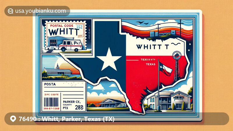 Vivid illustration of Whitt, Parker County, Texas, featuring postcard design with the Texas state flag as backdrop and subtle outline of the county, showcasing unique landmarks or scenery of the area. Includes vintage postal elements like postage stamp, postmark with 'Whitt, TX' and ZIP Code, mailbox, and postal van.