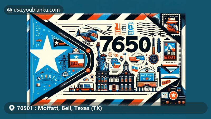 Modern illustration of Moffat, Bell County, Texas, showcasing postal theme with ZIP code 76501, featuring Texas state flag, Bell County outline, and local landmarks.