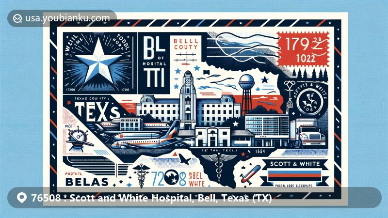 Modern illustration of Scott and White Hospital in Bell County, Texas (TX) showcasing postal theme with ZIP code 76508, featuring Texas state flag, Bell County outline, and iconic Texas landmarks.