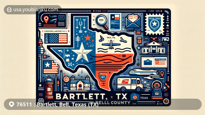 Modern illustration of Bartlett, Bell County, Texas, showcasing postal theme with unique postcard design, Texas state flag, Bell County map, and Bartlett landmarks and symbols.