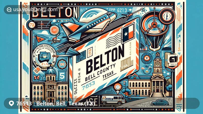 Creative illustration of Belton, Bell County, Texas (TX), reflecting postal theme with ZIP code 76513, featuring a detailed airmail envelope and iconic landmarks like the Bell County Courthouse.