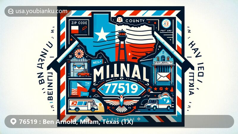 Modern illustration of Ben Arnold, Milam County, Texas (TX), in airmail envelope shape, showcasing Texas state flag, Milam County outline, local landmarks, and cultural symbols, centered around postal elements with ZIP code 76519.