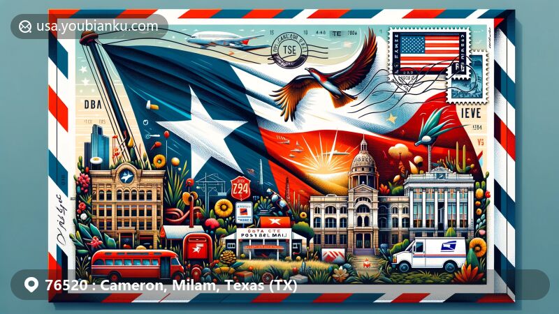 Modern illustration of Cameron and Milam Counties, Texas, featuring a stylish postcard design with Texas state flag, local landmarks, and postal theme with ZIP code.