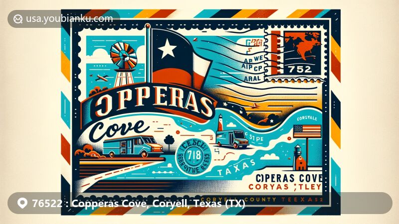 Artistic depiction of ZIP code 76522 in Coryell County, Copperas Cove, Texas, resembling an air mail envelope with Texas state flag, county map outline, local landmark, and postal elements.