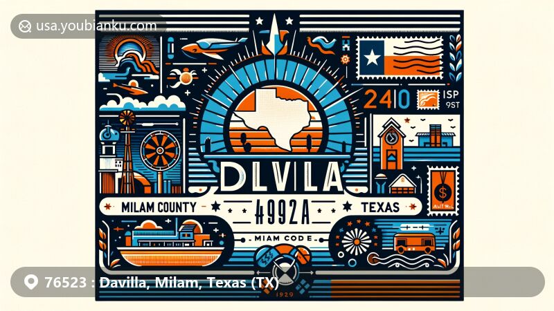 Modern illustration of Davilla, Milam County, Texas, resembling a postcard with Texas state flag, Milam County outline, local landmarks, and ZIP Code design.