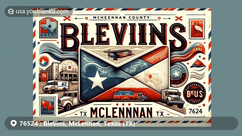 Modern illustration of Blevins, McLennan County, Texas, featuring vintage airmail envelope with Texas flag, McLennan County map, 'Blevins, McLennan, TX', and ZIP code 76524, surrounded by postal-themed elements like mailbox, postal truck, and historic stamps.