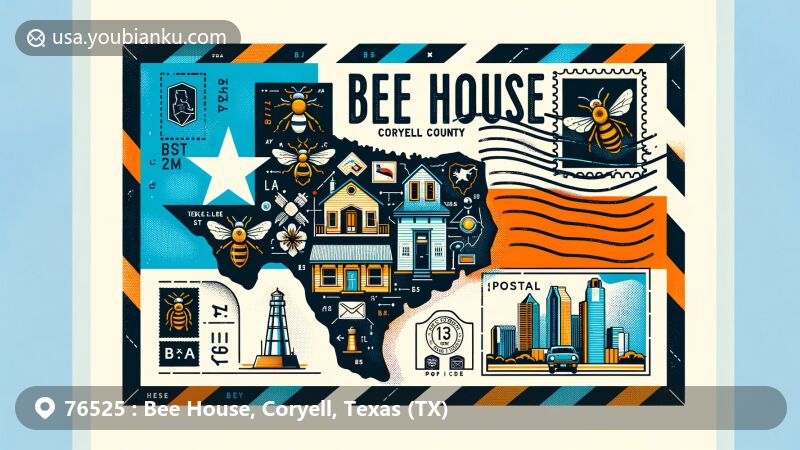 Modern illustration of Bee House, Coryell County, Texas, showcasing a postal theme with Texas state flag, Coryell County map, and cultural landmarks. Includes stamp, postmark, and ZIP code.