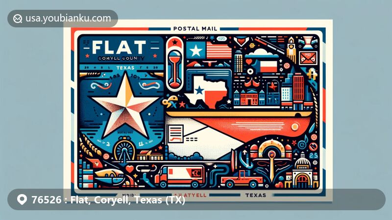 Modern illustration of Flat, Coryell County, Texas, featuring Texas State Flag, Coryell County map, Flat landmarks, and postal elements, designed for postal code webpage.