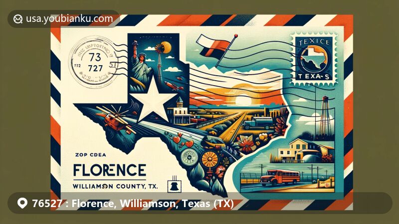 Modern illustration of Florence, Williamson County, Texas, showcasing postal theme with ZIP code 76527, featuring Texas state outline and flag, air mail envelope with stamp, postmark, and local landmarks.