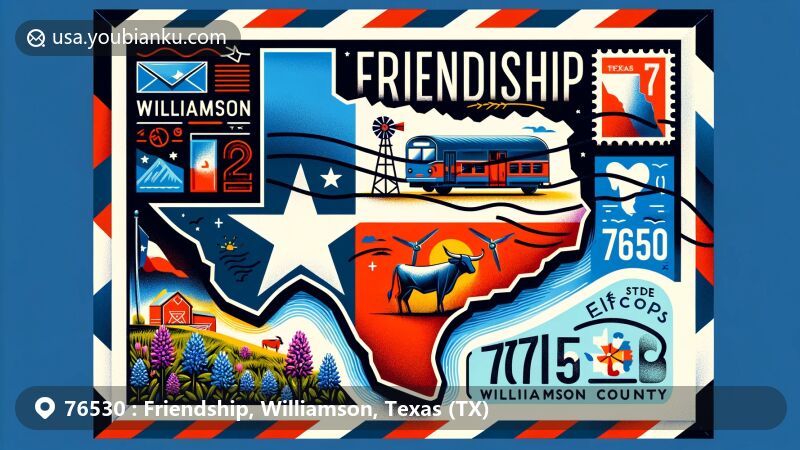 Modern illustration for Friendship, Williamson County, Texas postal page, shaped like an airmail envelope with integrated Texas state flag and Williamson County shape. Features key landmarks and symbols of Friendship, TX, like local landmark, Texan landscape, bluebonnets, and longhorn cattle. Includes 'Friendship, Williamson, TX' and ZIP Code '76530' text. Stamp in top right corner with iconic Texas image and postal cancellation mark. Bright, colorful, modern style for web page.
