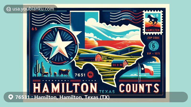 Modern illustration of Hamilton County, Texas, showcasing postal theme with ZIP code 76531, featuring iconic Texan scenery, state flag, and vintage postal elements.
