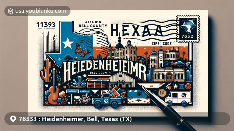 Modern illustration of Heidenheimer, Bell County, Texas, embodying a postcard theme with Texas state flag, Bell County outline, and local cultural symbols, featuring postal elements like stamps and a postal van with ZIP code 76533.