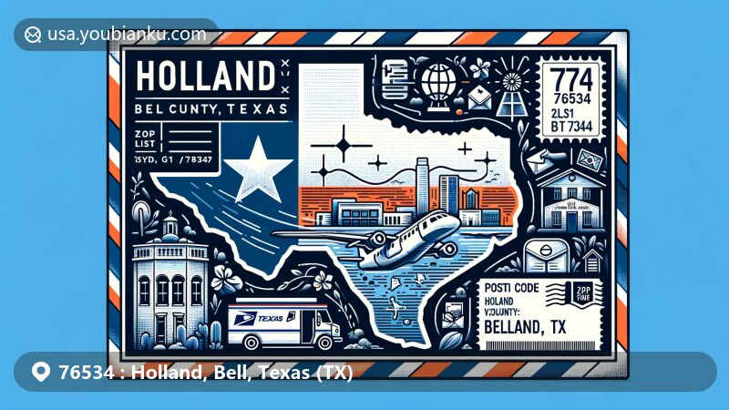 Modern illustration of Holland, Bell County, Texas, with ZIP code 76534, showcasing Texas state flag, Bell County outline, and local landmarks. Includes postal elements like stamp, postmark, mailbox, and postal vehicle.