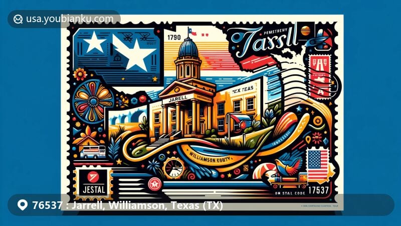 Modern illustration of Jarrell, Williamson County, Texas, showcasing postal theme with ZIP code 76537, featuring Texas state flag, Williamson County outline, and local landmark.