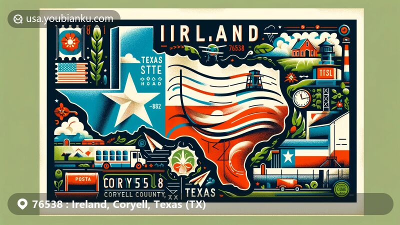 Modern illustration of Ireland, Coryell County, Texas (TX) featuring a stylized postcard with Texas state flag, Coryell County silhouette, and Ireland landmarks, postal elements like vintage stamp and ZIP code 76538.