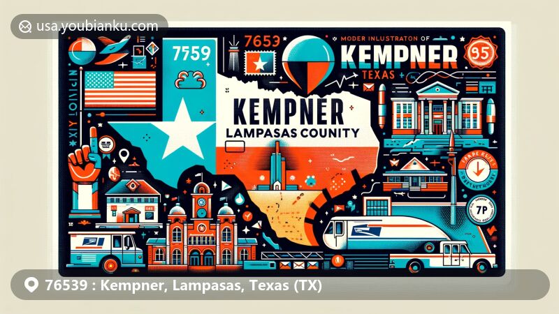 Vibrant illustration of Kempner, Lampasas County, Texas, blending Texas state flag, Lampasas County map, and Kempner landmark. Postal-themed elements like postage stamp, postmark, ZIP code 76539, mailbox, and postal truck are included.