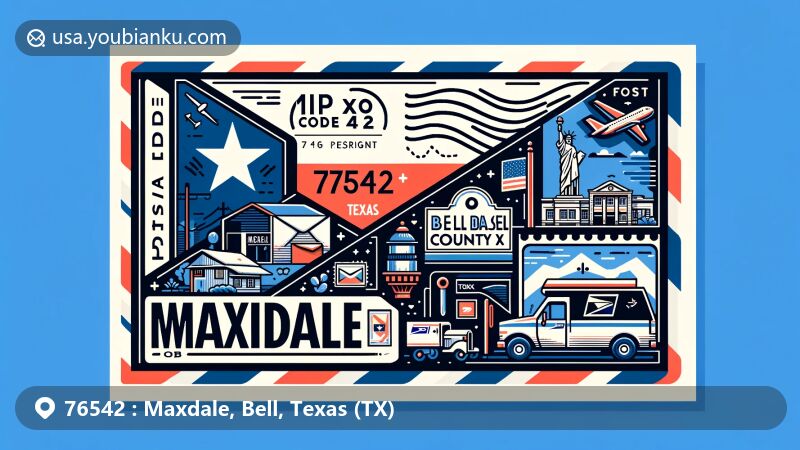 Bright and creative illustration for Maxdale, Bell County, Texas showcasing postal theme with ZIP code 76542, featuring Texas state flag, Bell County outline, local landmarks, and postal elements.