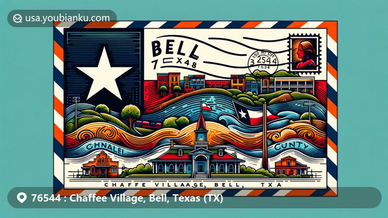 Modern illustration of Chaffee Village, Bell, Texas (TX) ZIP code 76544, featuring vibrant colors and a depiction of the Texas state flag and Bell County outline, along with local landmarks and postal elements.