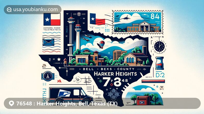 Modern illustration of Harker Heights, Bell County, Texas, featuring Texas state flag, iconic landmarks, and postal elements with ZIP code 76548.