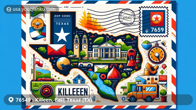 Creative illustration of Killeen, Bell County, Texas, representing ZIP code 76549 with Texas state flag, Bell County map outline, Killeen landmarks, and postal themed elements like stamps, ZIP code postmark, mailbox, and postal vehicle.
