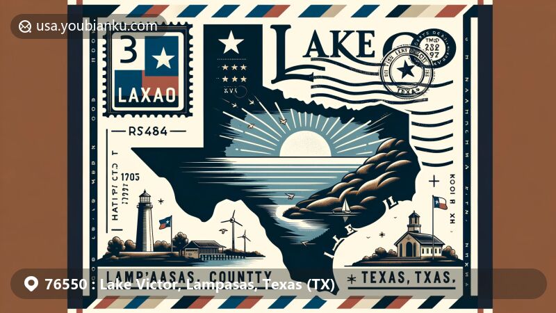 Modern illustration of Lake Victor, Lampasas County, Texas, showcasing postal theme with ZIP code, stylized map outline, Texas flag, and cultural landmark.