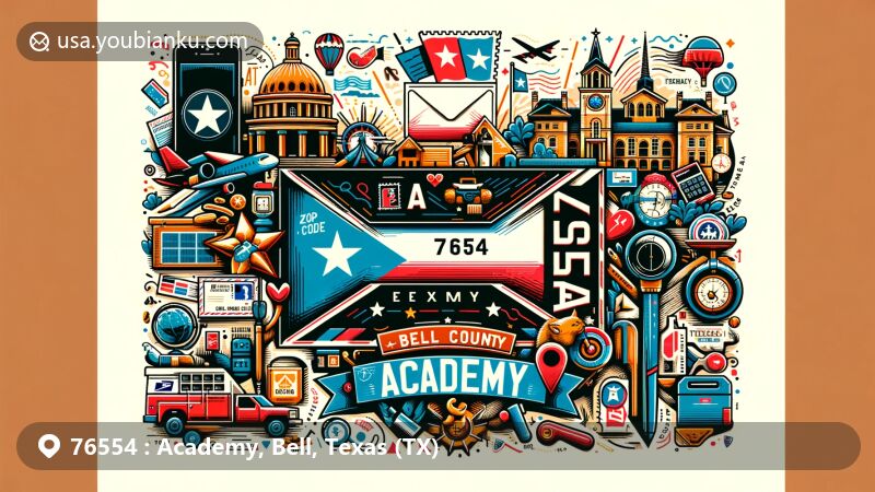 Pictorial representation of Academy, Bell County, Texas for ZIP code 76554, featuring vintage airmail envelope with postal theme and Texas state symbols.